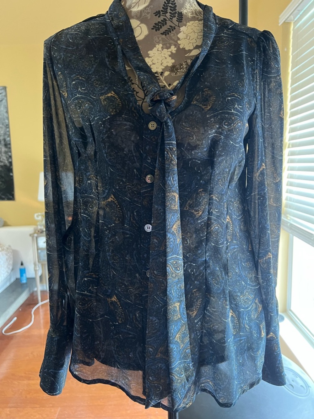 Navy Paisley Tie-Neck Sheer Blouse